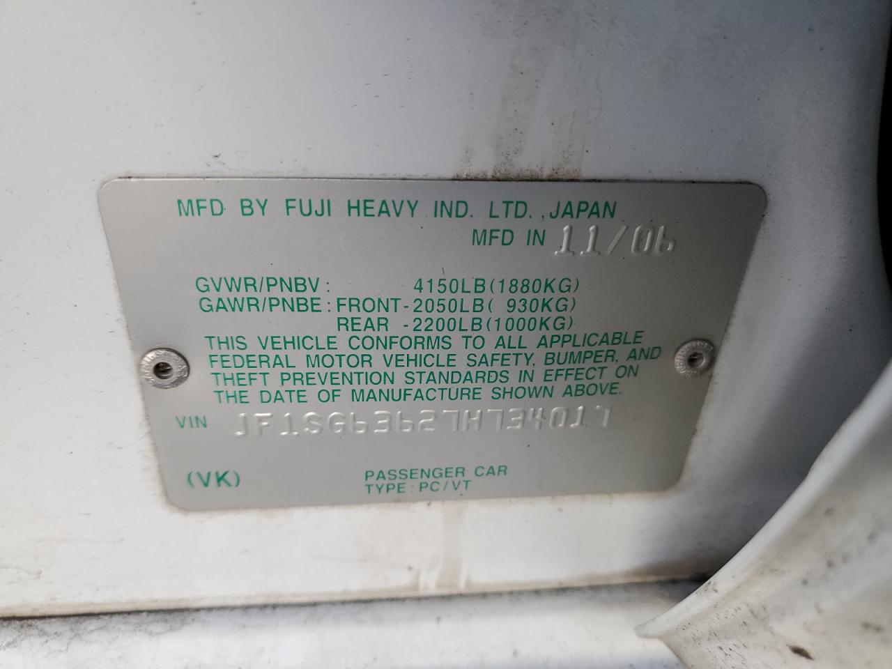 2007 Subaru Forester 2.5X VIN: JF1SG63627H734017 Lot: 41882985