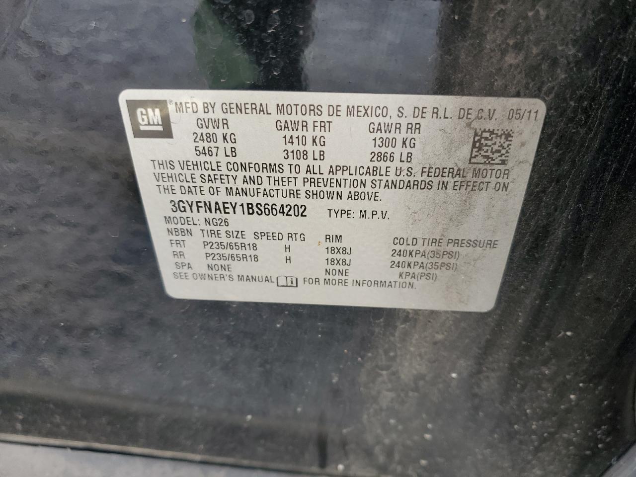 2011 Cadillac Srx Luxury Collection VIN: 3GYFNAEY1BS664202 Lot: 87370564