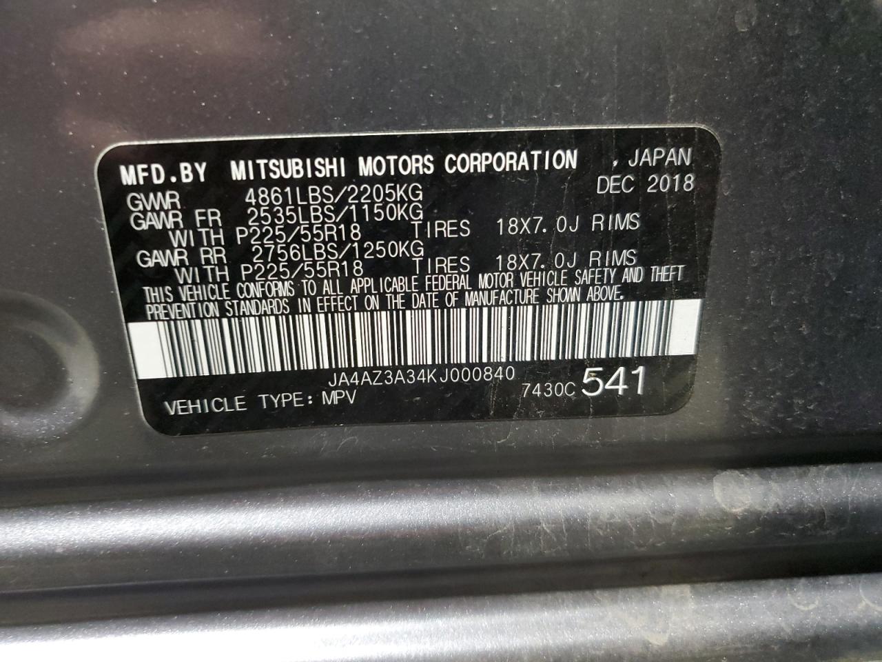 VIN JA4AZ3A34KJ000840 2019 MITSUBISHI OUTLANDER no.13