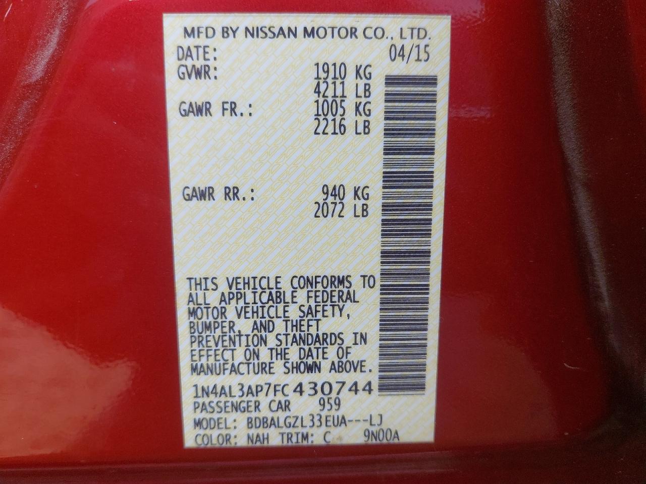 1N4AL3AP7FC430744 - 2015 Nissan ALTIMA - #88826975