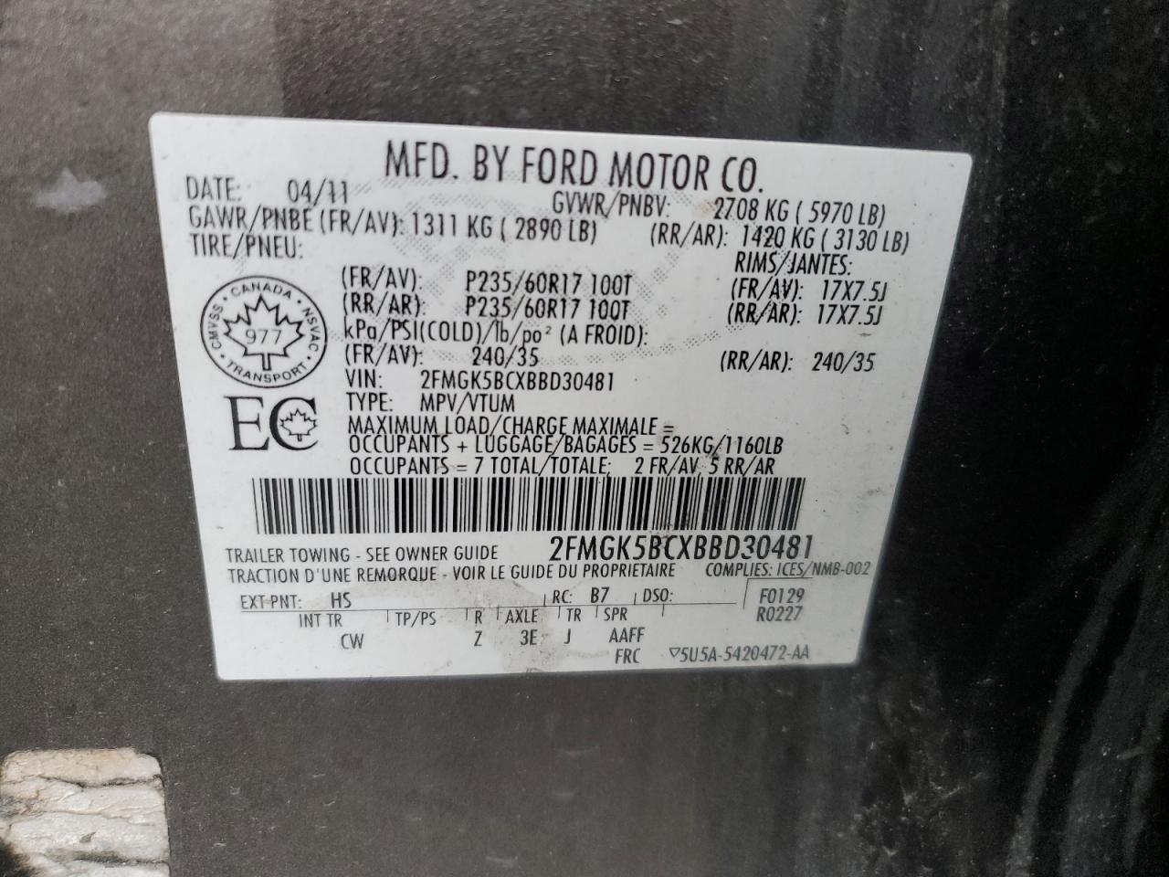 2011 Ford Flex Se VIN: 2FMGK5BCXBBD30481 Lot: 88502015
