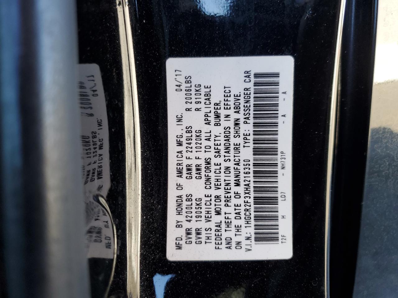 VIN 1HGCR2F3XHA216350 2017 HONDA ACCORD no.13