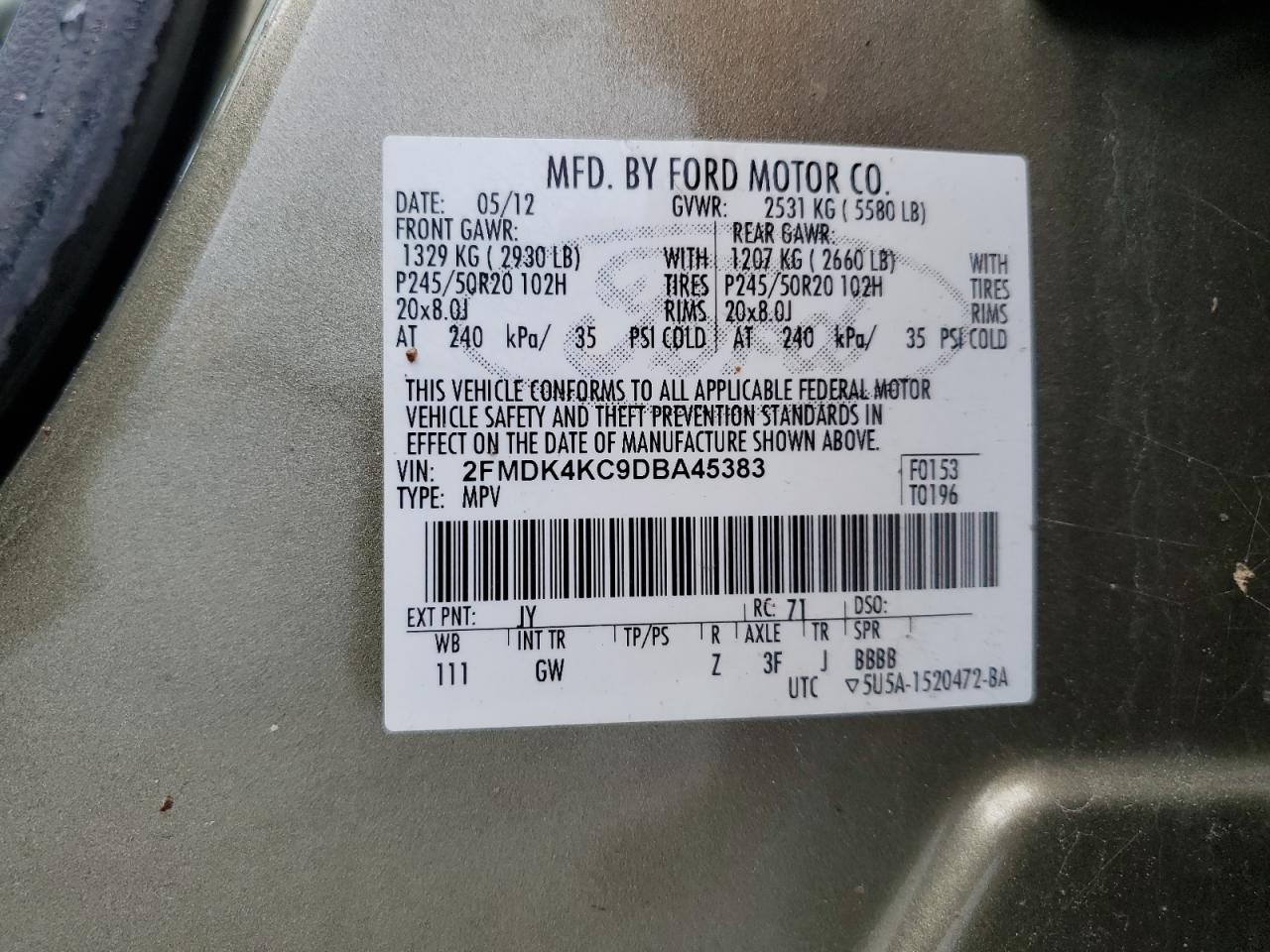 VIN 2FMDK4KC9DBA45383 2013 FORD EDGE no.13