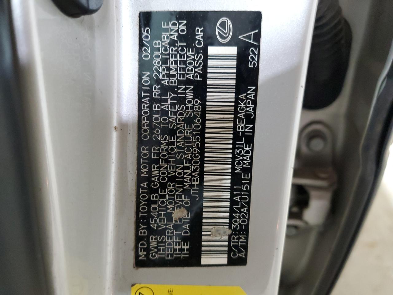 2005 Lexus Es 330 VIN: JTHBA30G955106489 Lot: 42143785