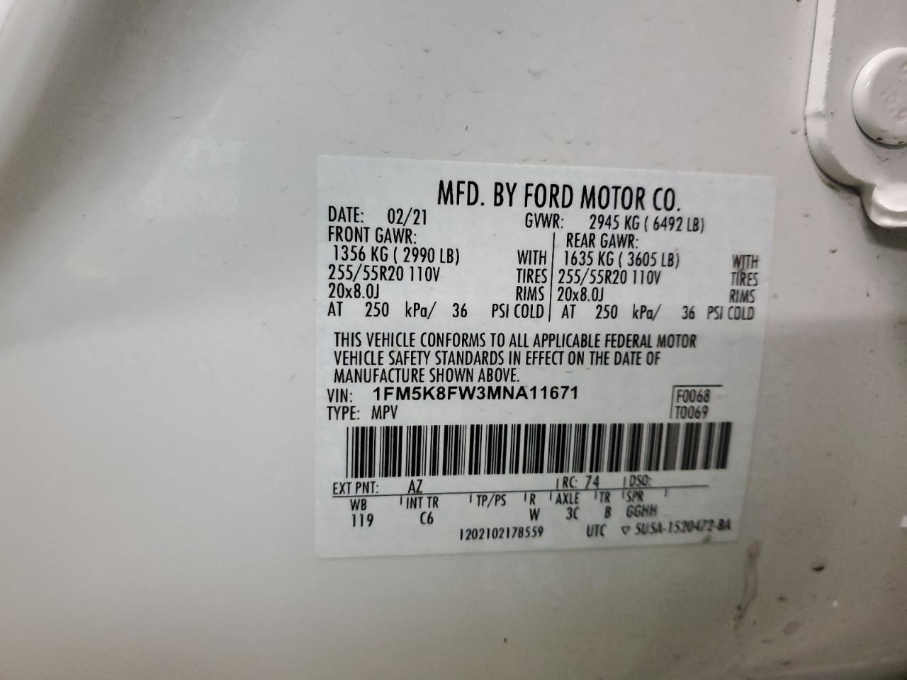 VIN 1FM5K8FW3MNA11671 2021 FORD EXPLORER no.13