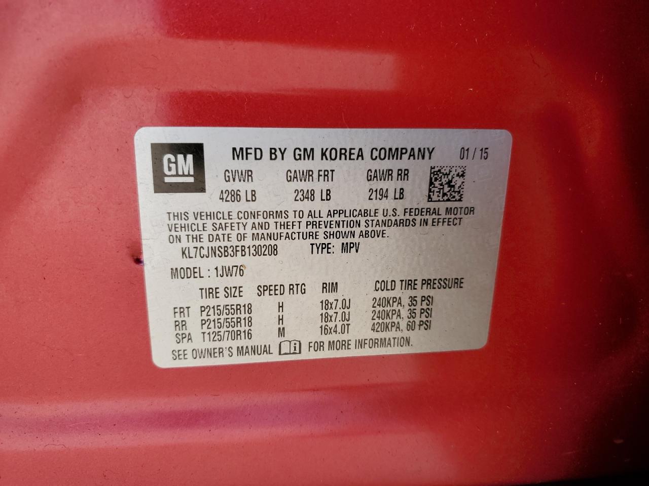 2015 Chevrolet Trax Ltz VIN: KL7CJNSB3FB130208 Lot: 41399745