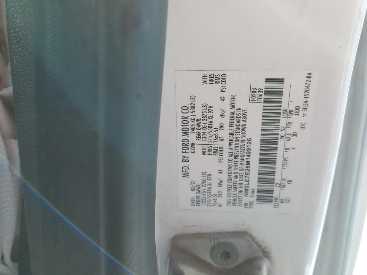 2021 Ford Transit Connect Xl VIN: NM0LE7E26M1499126 Lot: 88316935