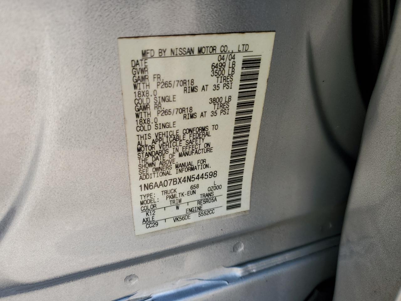 2004 Nissan Titan Xe VIN: 1N6AA07BX4N544598 Lot: 87734285