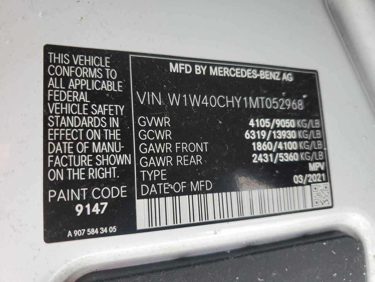 2021 Mercedes-Benz Sprinter 2500 VIN: W1W40CHY1MT052968 Lot: 87686405