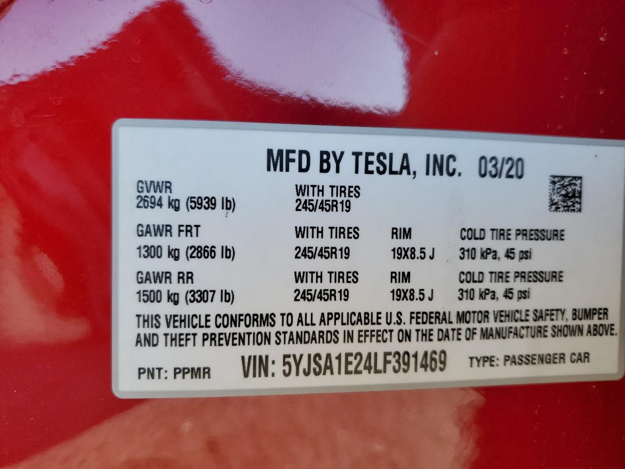 2020 Tesla Model S VIN: 5YJSA1E24LF391469 Lot: 88516465