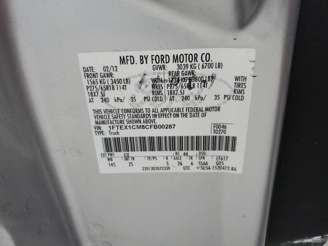 2012 Ford F150 Super Cab VIN: 1FTEX1CM8CFB00287 Lot: 87693055