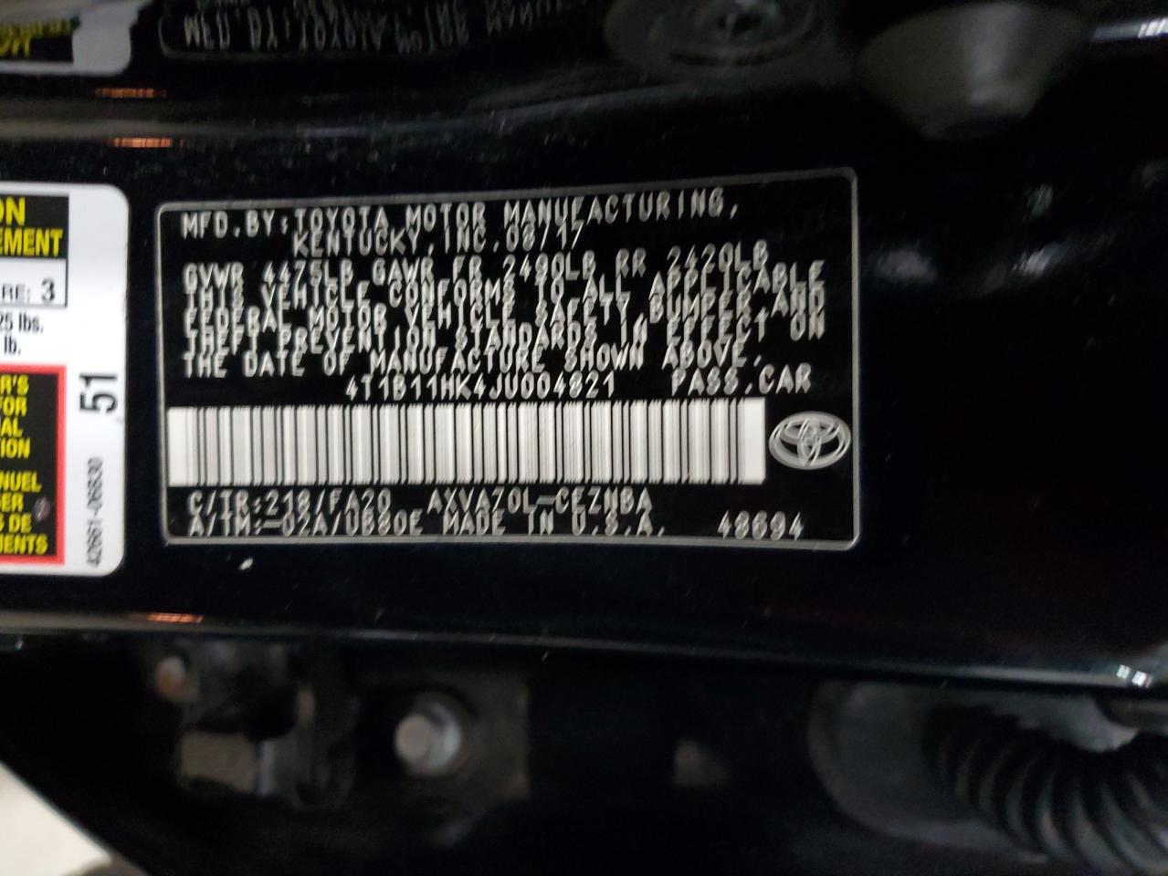 4T1B11HK4JU004821 2018 TOYOTA CAMRY - Image 12