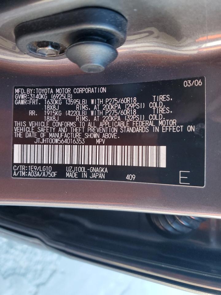 2006 Lexus Lx 470 VIN: JTJHT00W564016353 Lot: 87621905