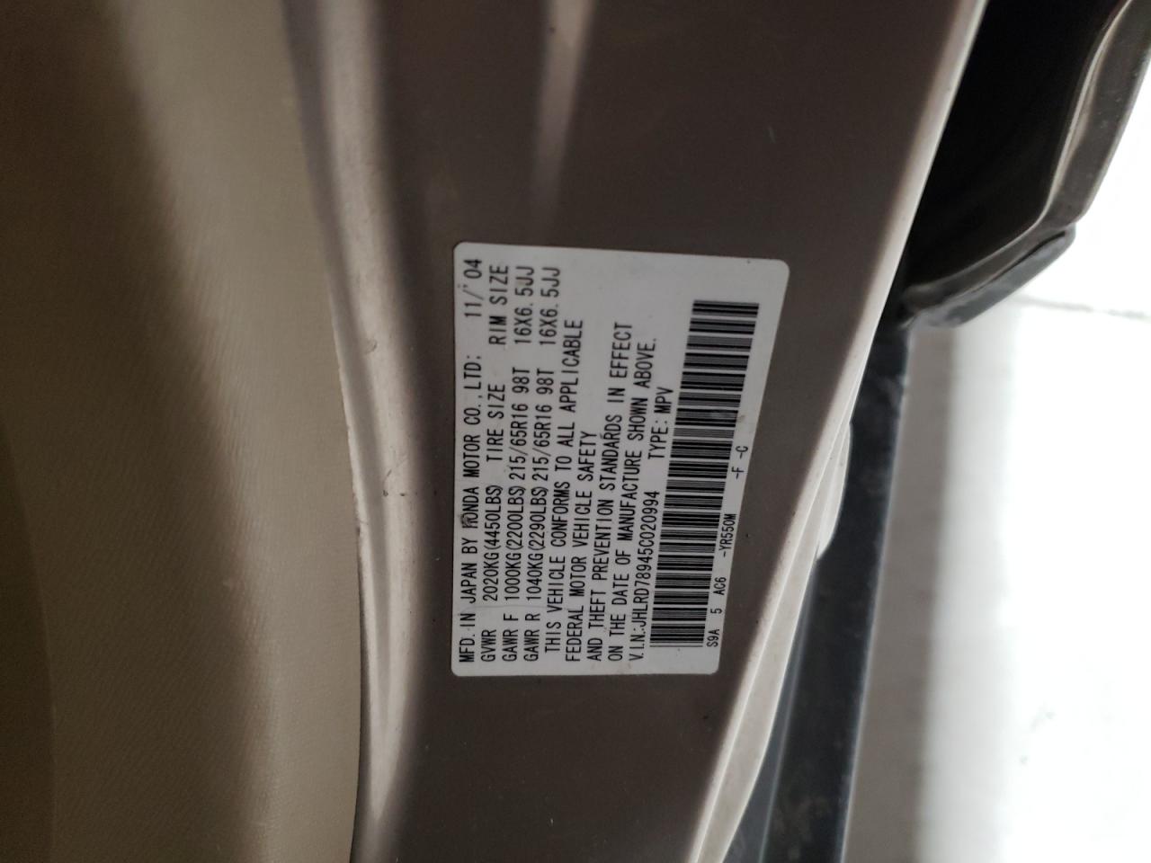 2005 Honda Cr-V Se VIN: JHLRD78945C020994 Lot: 89009845