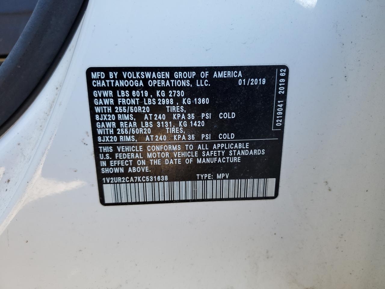 2019 Volkswagen Atlas Se VIN: 1V2UR2CA7KC531638 Lot: 85959614