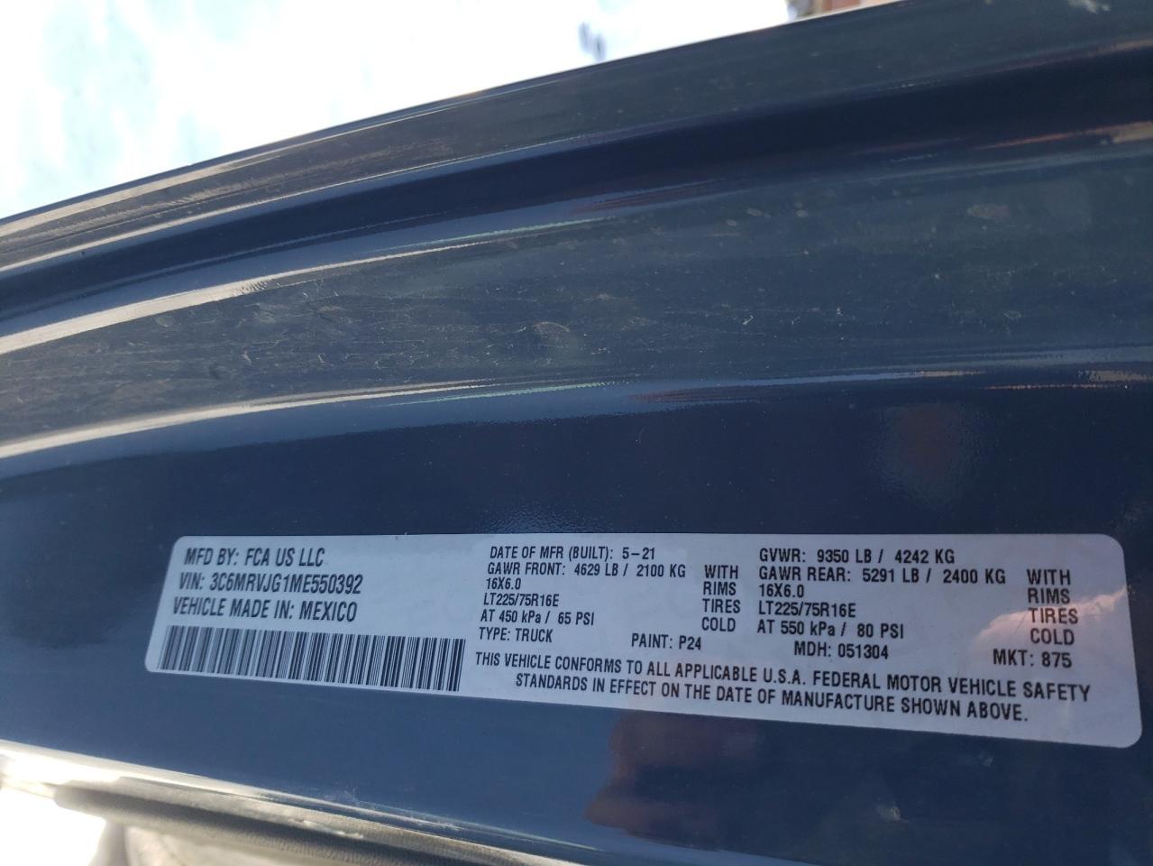 2021 Ram Promaster 3500 3500 High VIN: 3C6MRVJG1ME550392 Lot: 88848125