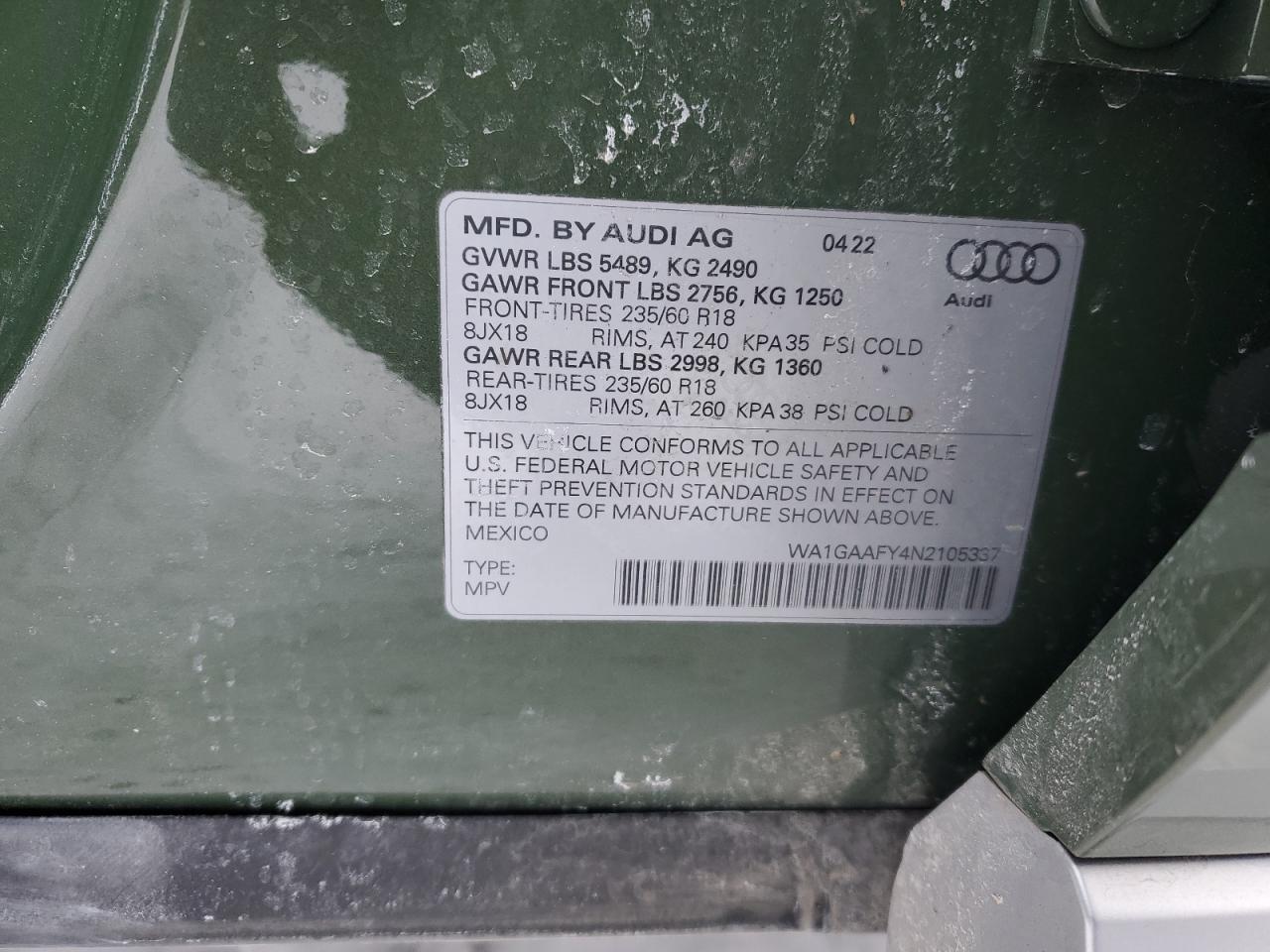 2022 Audi Q5 Premium 45 VIN: WA1GAAFY4N2105337 Lot: 41743405