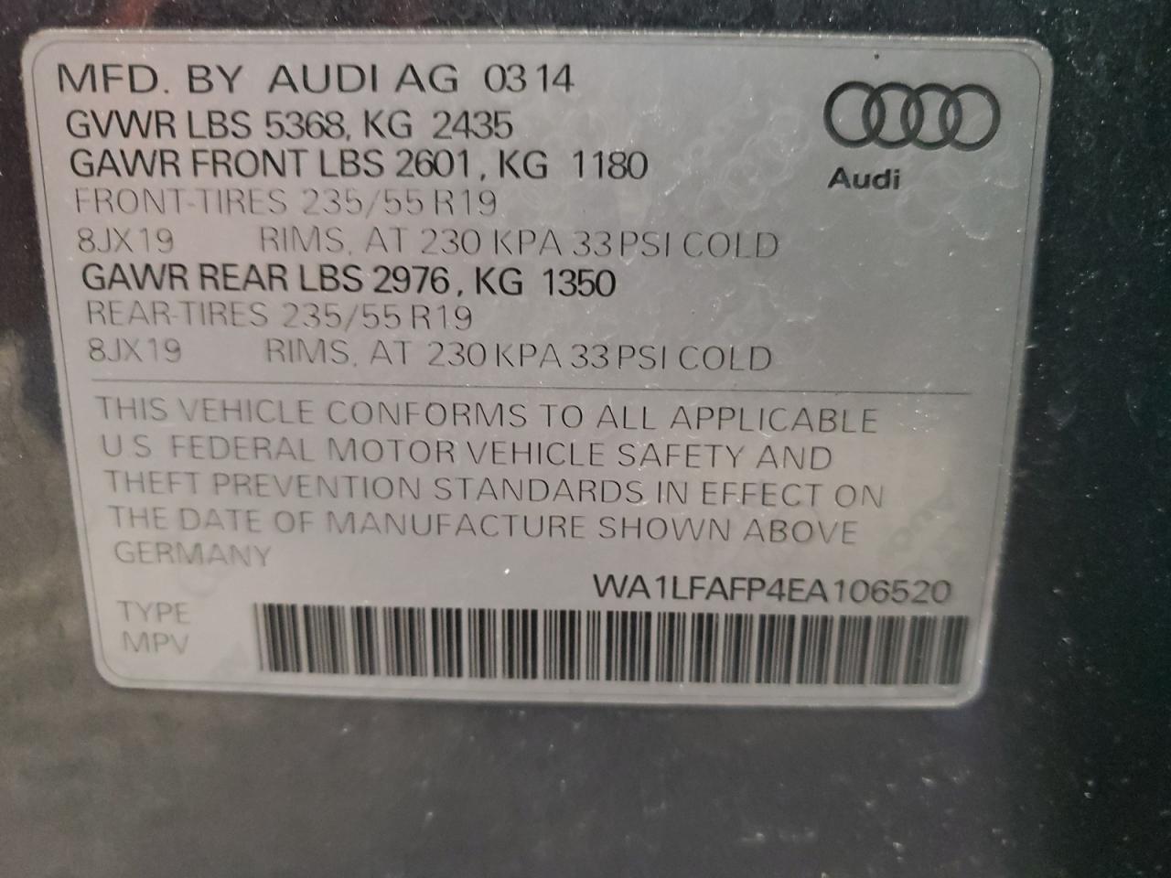 VIN WA1LFAFP4EA106520 2014 AUDI Q5 no.14