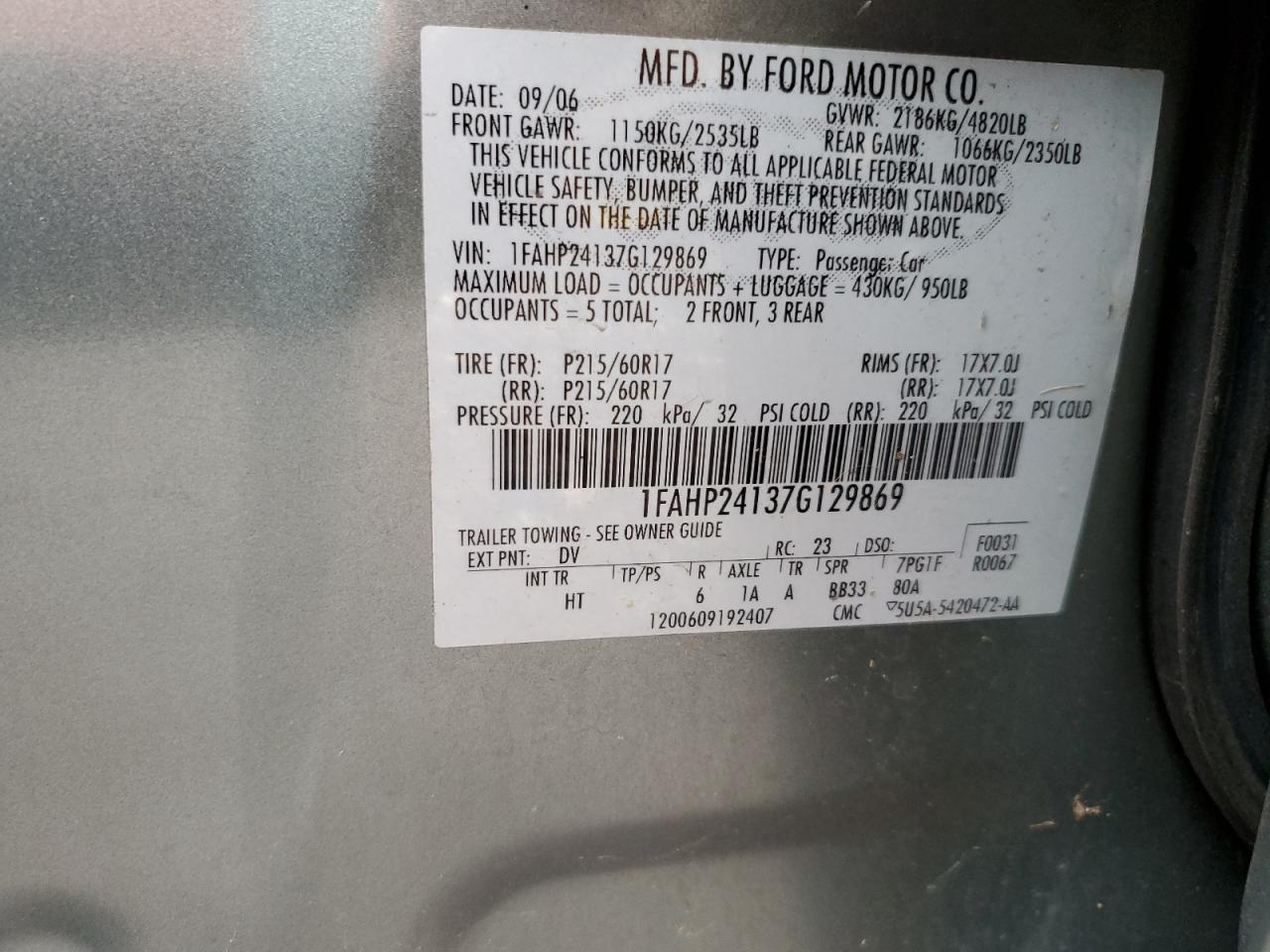 2007 Ford Five Hundred Sel VIN: 1FAHP24137G129869 Lot: 89123065