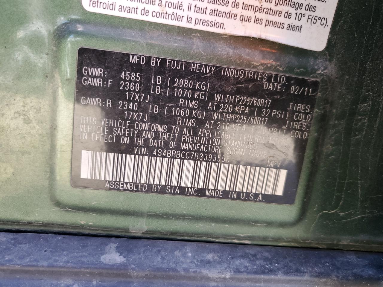 2011 Subaru Outback 2.5I Premium VIN: 4S4BRBCC7B3393556 Lot: 87131294