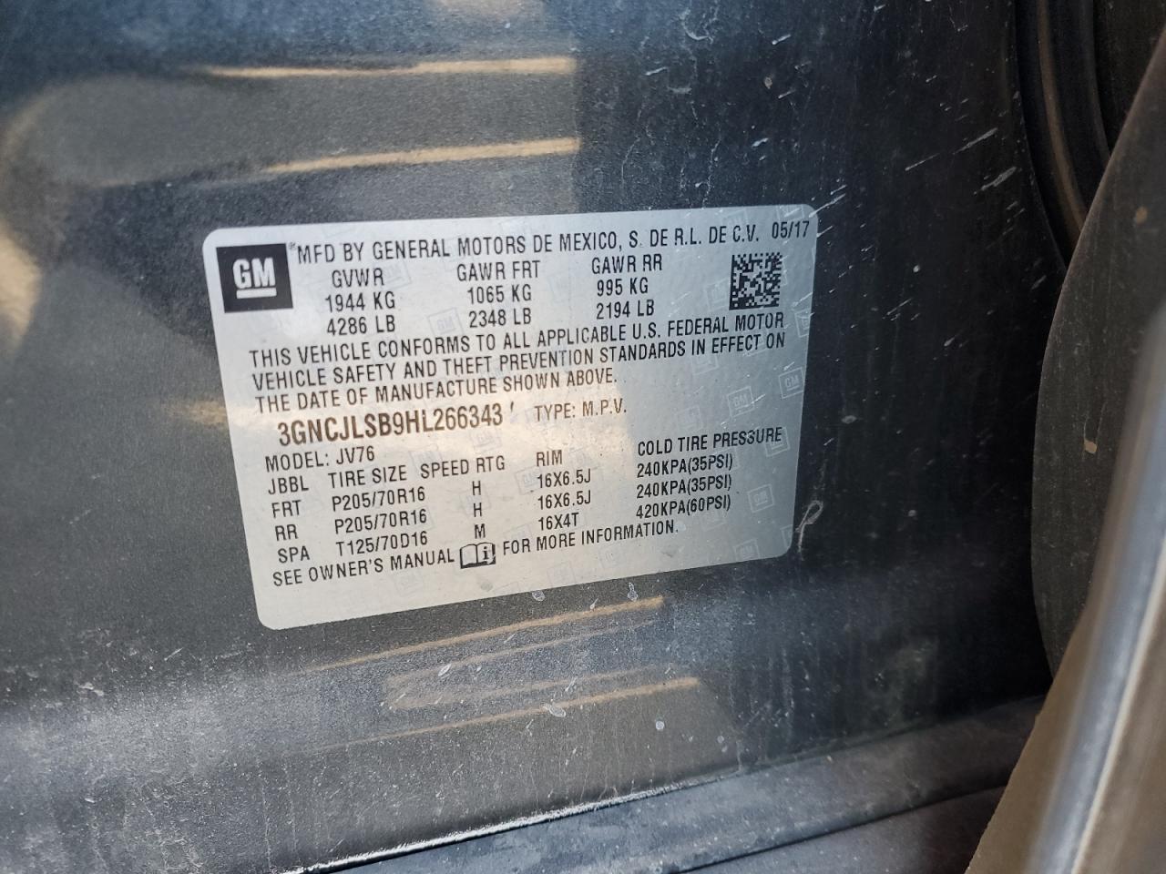 2017 Chevrolet Trax 1Lt VIN: 3GNCJLSB9HL266343 Lot: 89724765