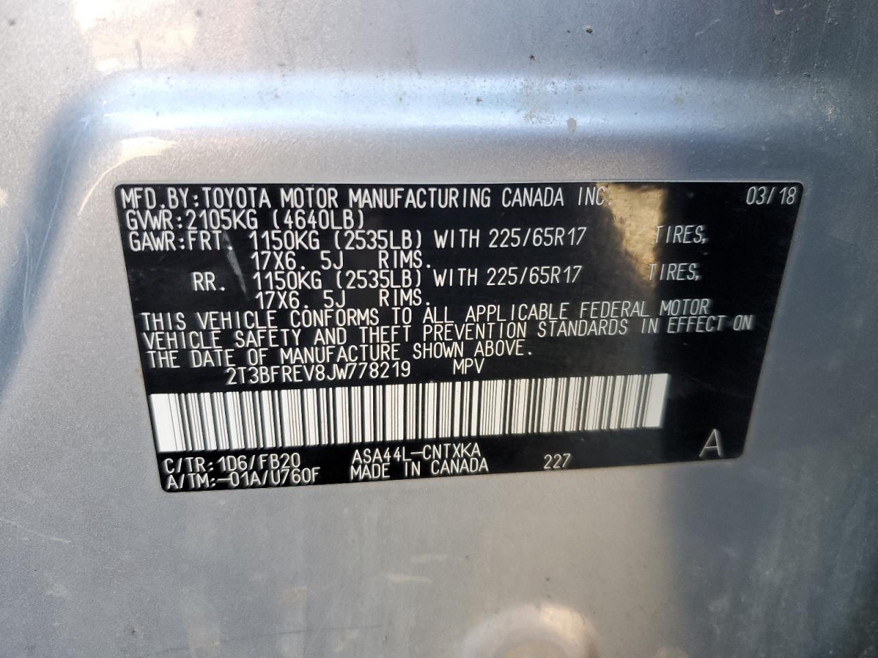 2018 Toyota Rav4 Le VIN: 2T3BFREV8JW778219 Lot: 88751815