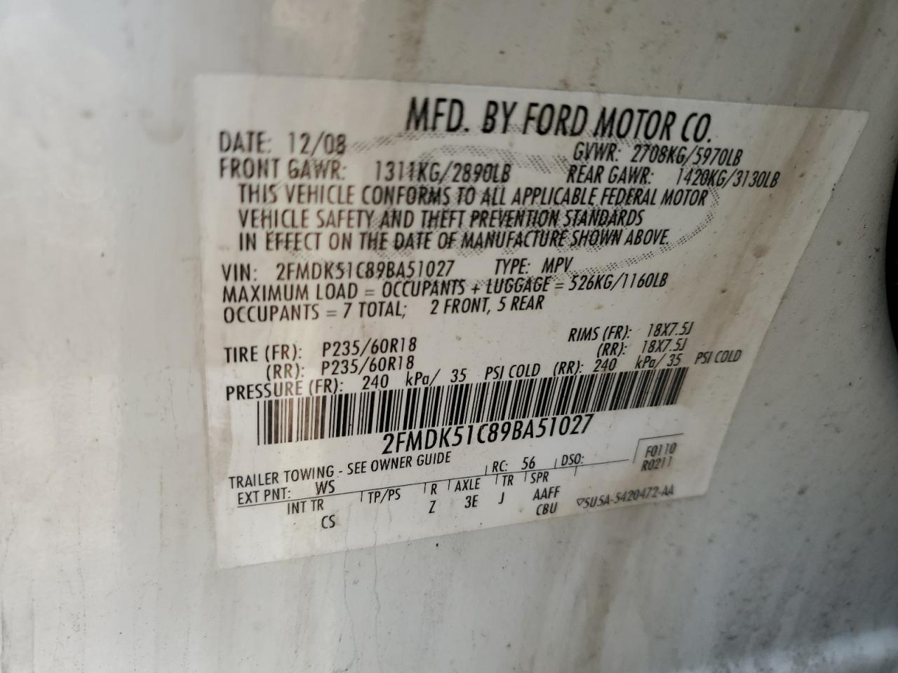 2009 Ford Flex Se VIN: 2FMDK51C89BA51027 Lot: 85587254