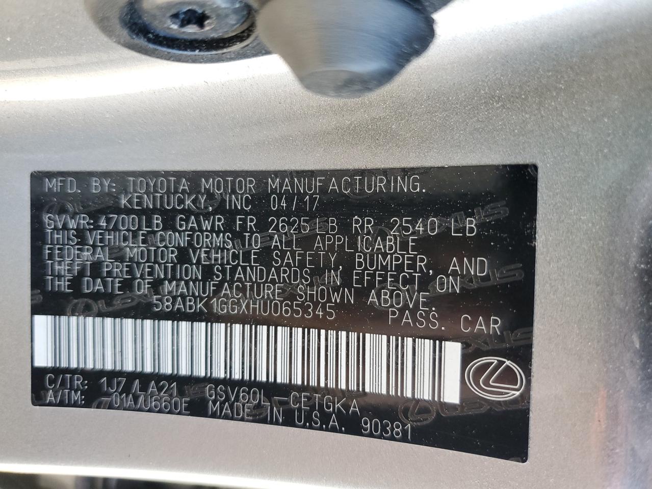 2017 Lexus Es 350 VIN: 58ABK1GGXHU065345 Lot: 88973745