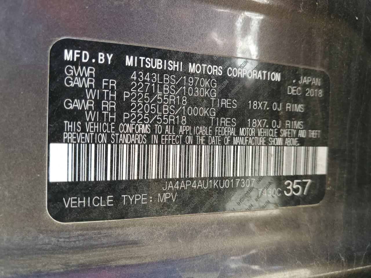 2019 Mitsubishi Outlander Sport Se VIN: JA4AP4AU1KU017307 Lot: 86898044