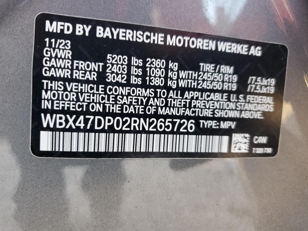 2024 BMW X3 Sdrive30I VIN: WBX47DP02RN265726 Lot: 87748935