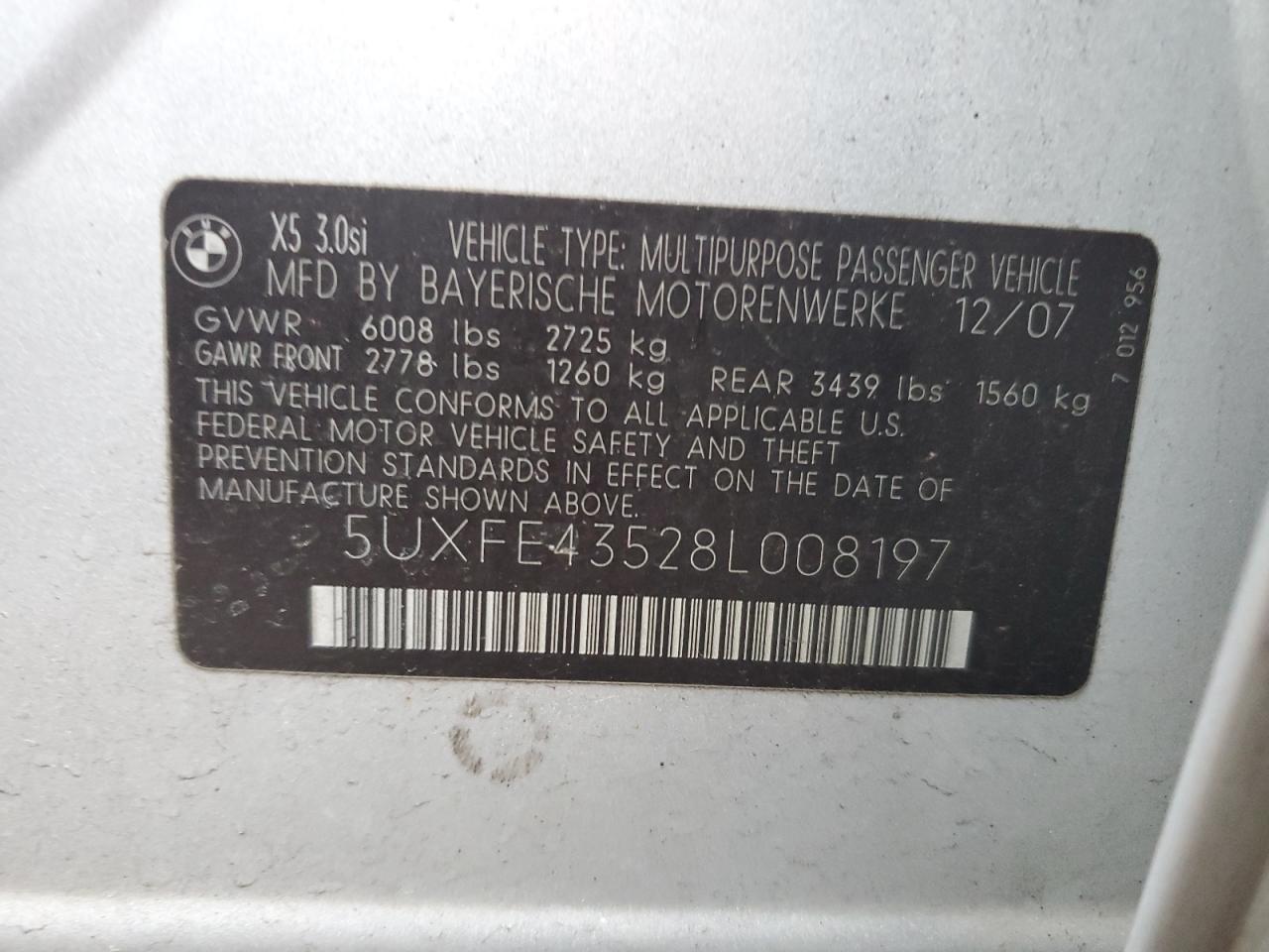 2008 BMW X5 3.0I VIN: 5UXFE43528L008197 Lot: 86718664