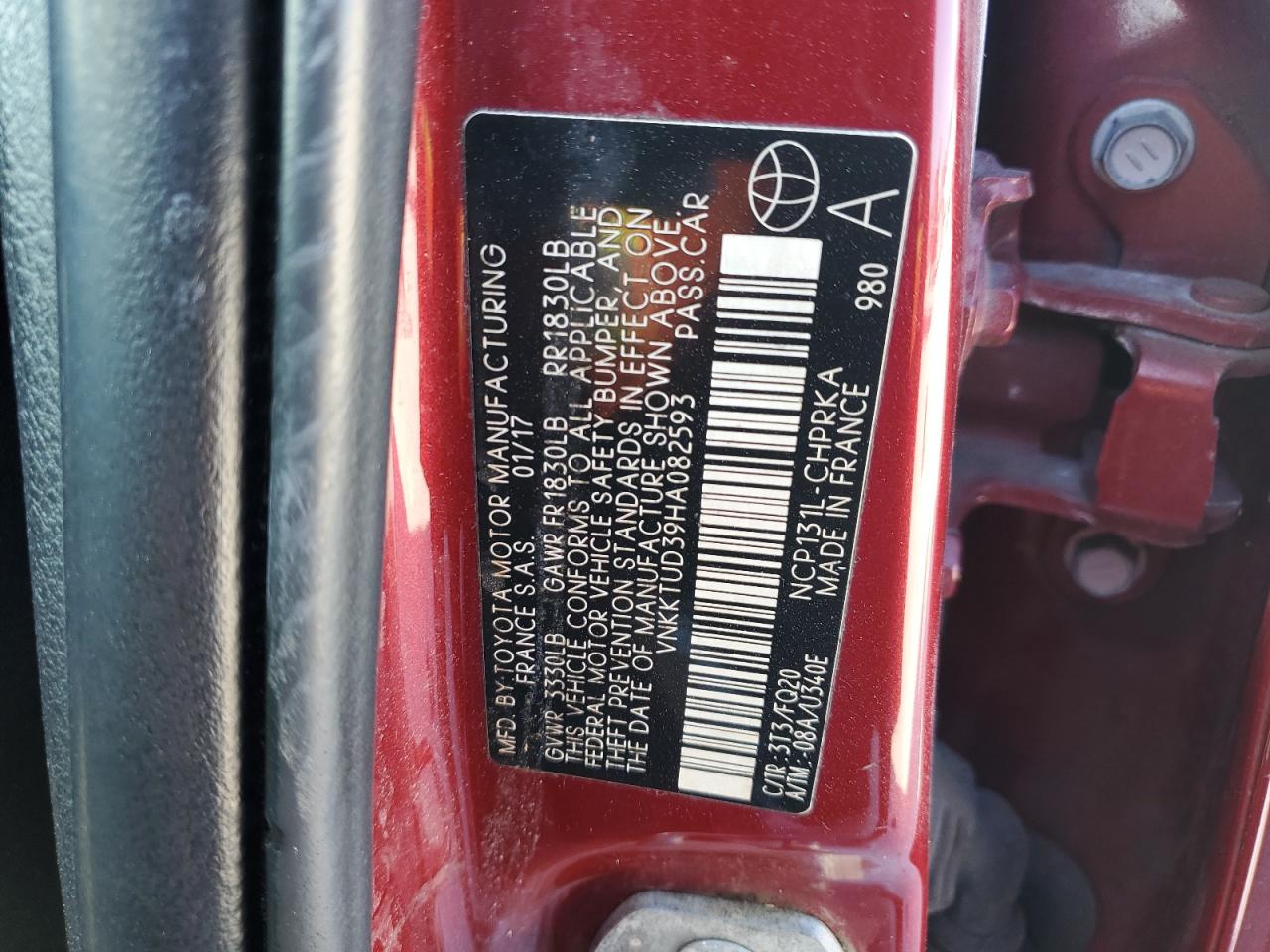 2017 Toyota Yaris L VIN: VNKKTUD39HA082593 Lot: 87081064