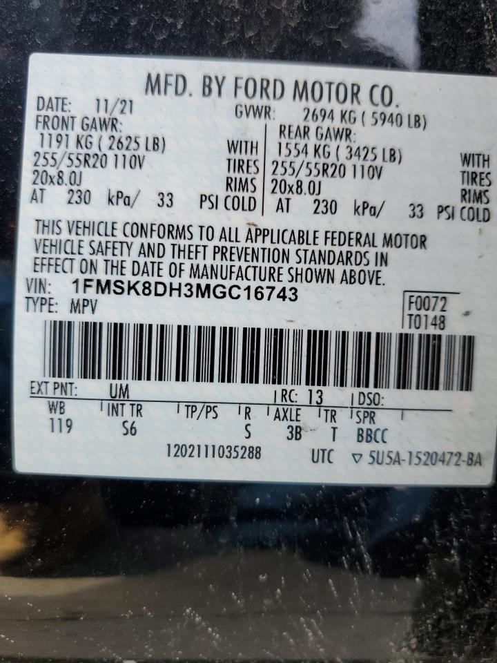 2021 Ford Explorer Xlt VIN: 1FMSK8DH3MGC16743 Lot: 86716254