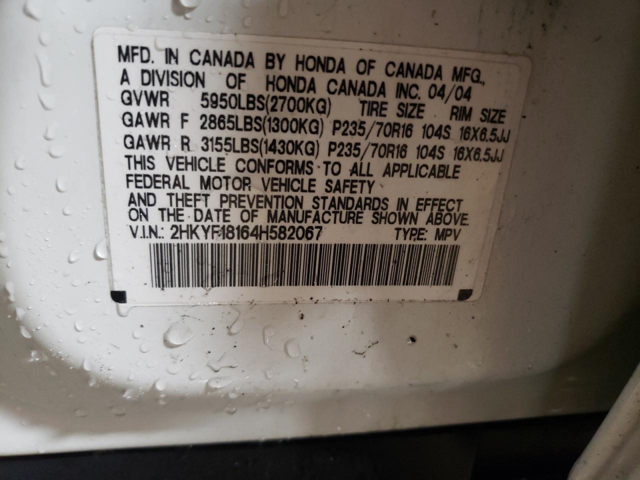 2004 Honda Pilot Lx VIN: 2HKYF18164H582067 Lot: 80372305