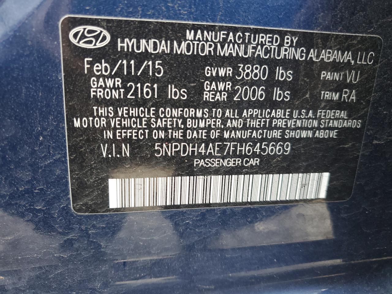 VIN 5NPDH4AE7FH645669 2015 HYUNDAI ELANTRA no.12