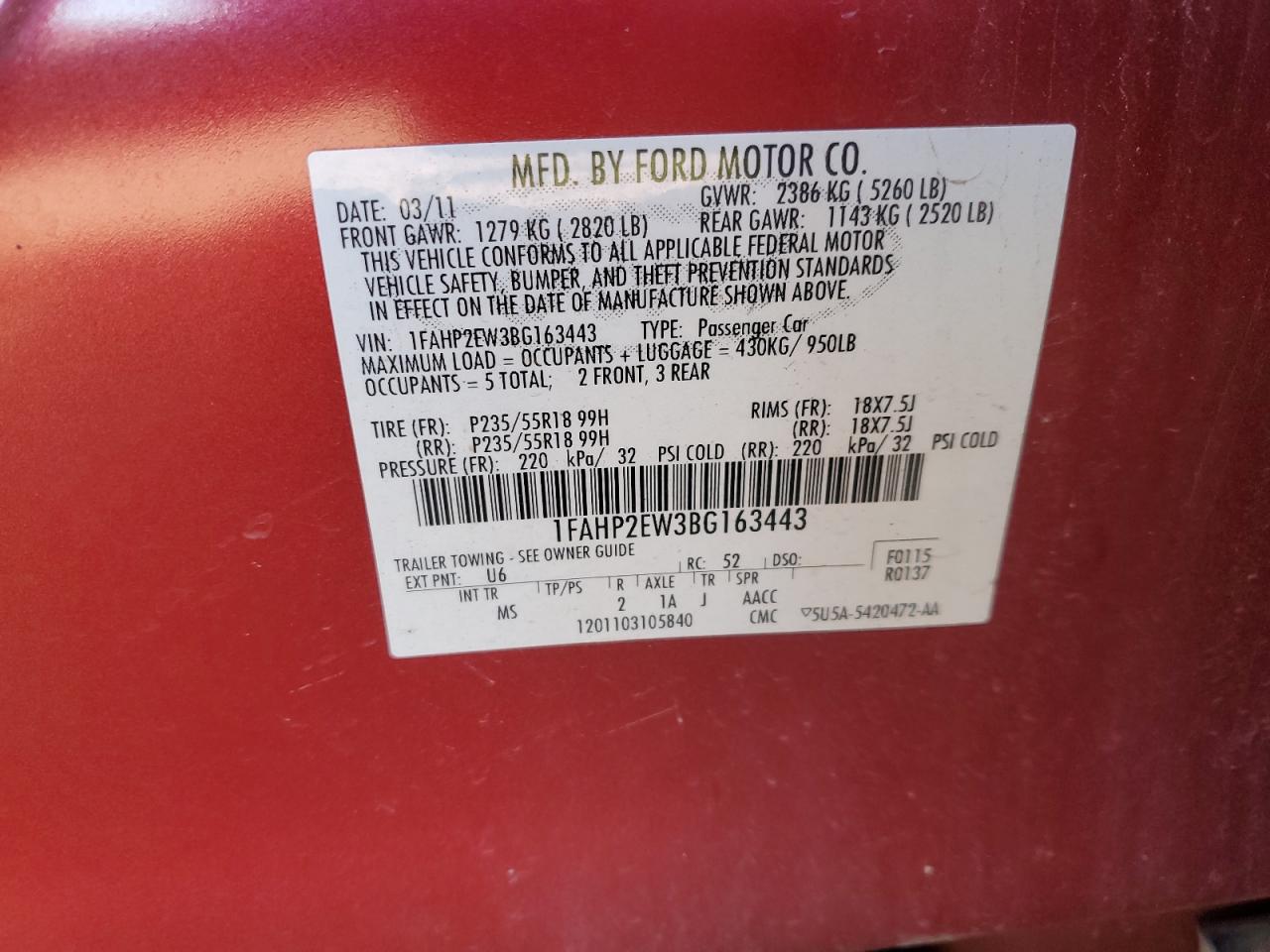 2011 Ford Taurus Sel VIN: 1FAHP2EW3BG163443 Lot: 88113835