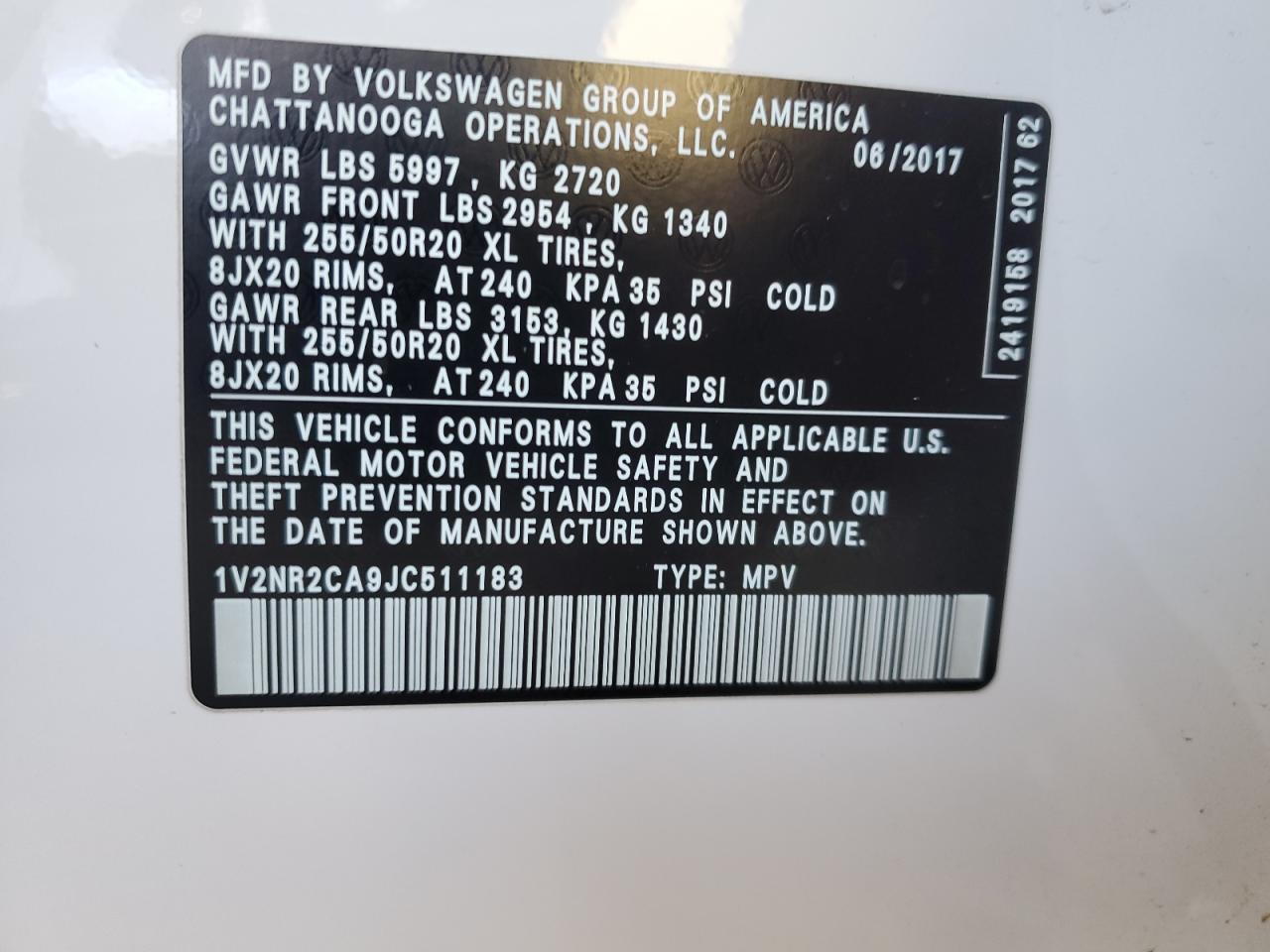 VIN 1V2NR2CA9JC511183 2018 VOLKSWAGEN ATLAS no.14