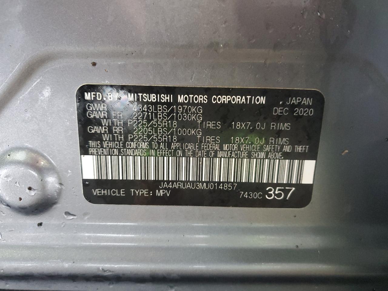 2021 Mitsubishi Outlander Sport Es VIN: JA4ARUAU3MU014857 Lot: 42415875