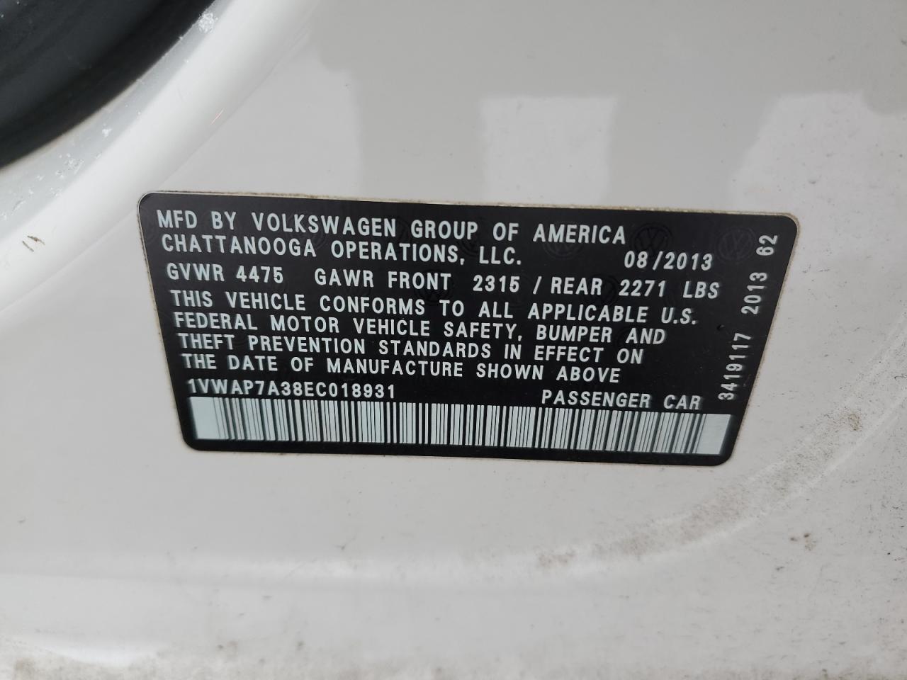 VIN 1VWAP7A38EC018931 2014 VOLKSWAGEN PASSAT no.12