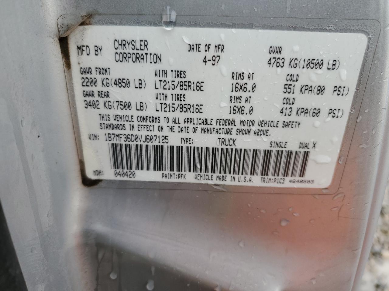 1997 Dodge Ram 3500 VIN: 1B7MF36D0VJ607125 Lot: 87432394