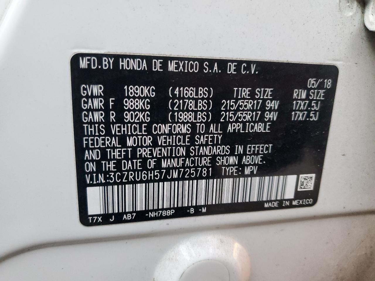 2018 Honda Hr-V Ex VIN: 3CZRU6H57JM725781 Lot: 87505365