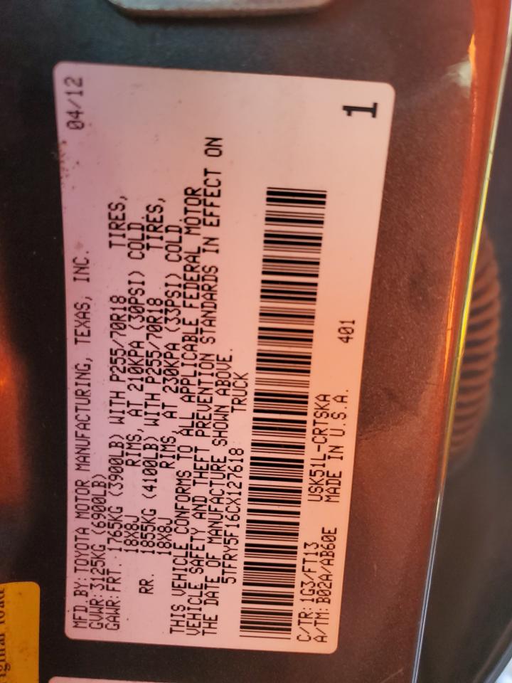 2012 Toyota Tun VIN: 5TSRY5F16CX127618 Lot: 87282164