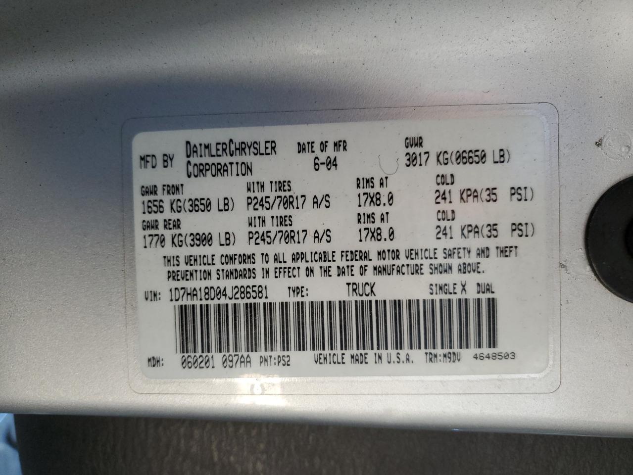 2004 Dodge Ram 1500 St VIN: 1D7HA18D04J286581 Lot: 87175774