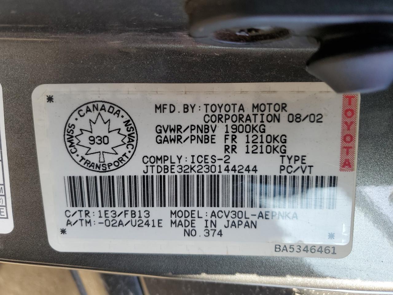 2003 Toyota Camry Le VIN: JTDBE32K232301442 Lot: 43144845