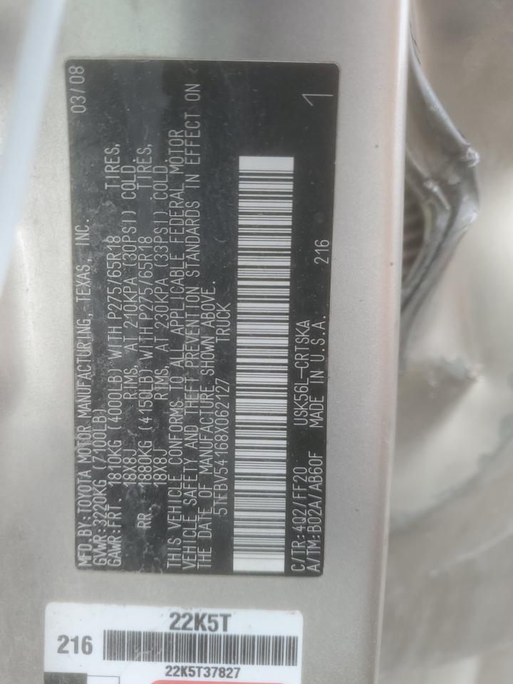 2008 Toyota Tundra Double Cab VIN: 5TEBV54168X062127 Lot: 87955125