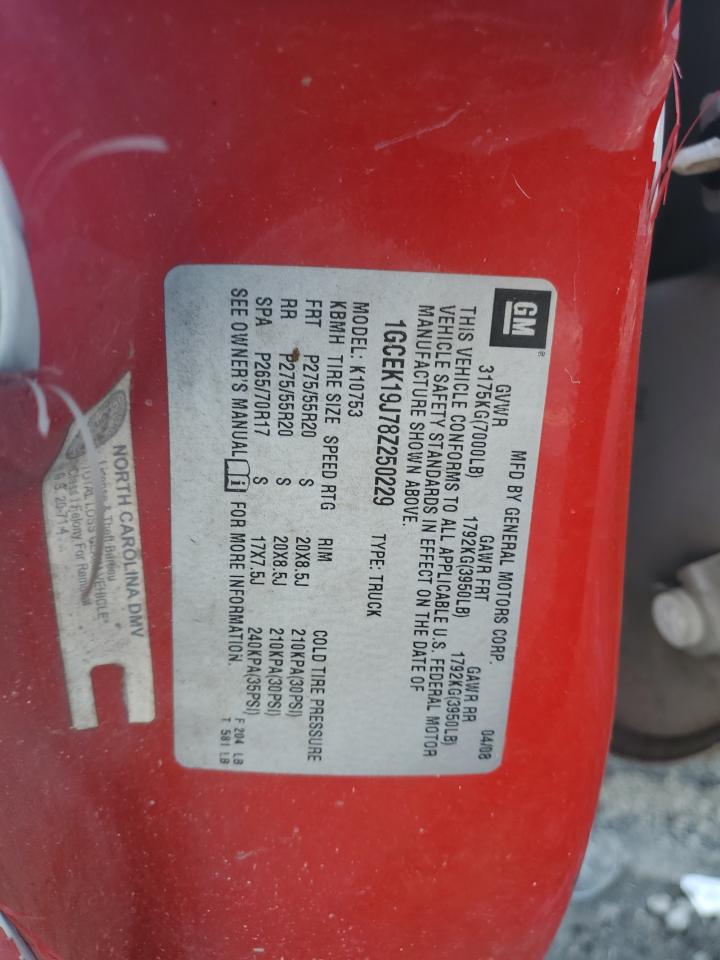 2008 Chevrolet Silverado K1500 VIN: 1GCEK19J78Z250229 Lot: 88302865