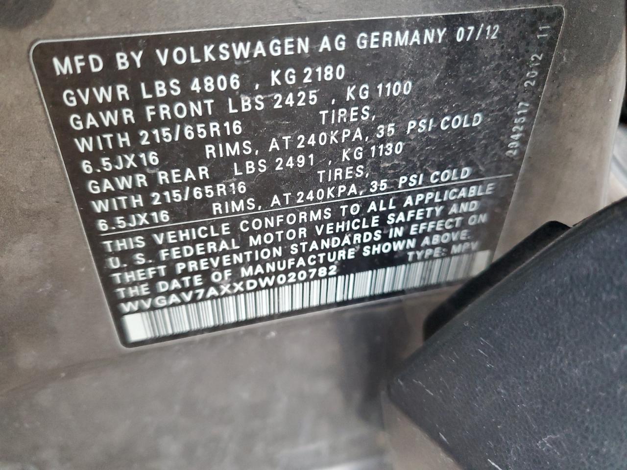 2013 Volkswagen Tiguan S VIN: WVGAV7AXXDW020782 Lot: 87550165