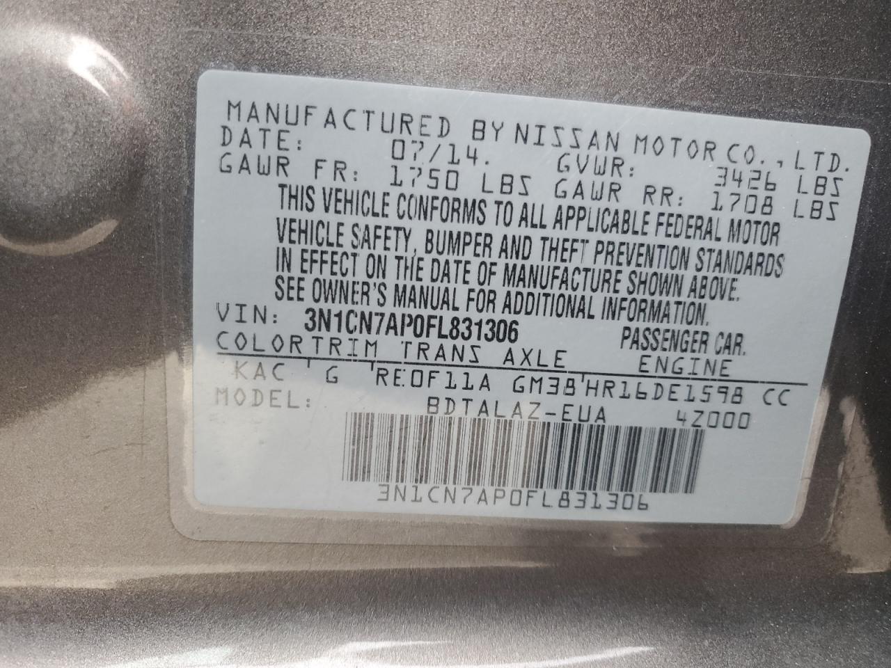 VIN 3N1CN7AP0FL831306 2015 NISSAN VERSA no.12