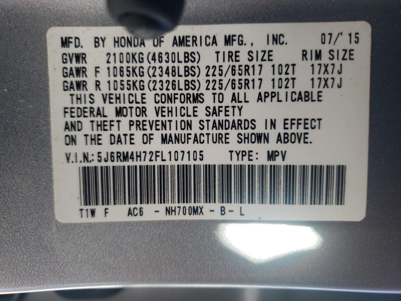 2015 Honda Cr-V Exl VIN: 5J6RM4H72FL107105 Lot: 88177965