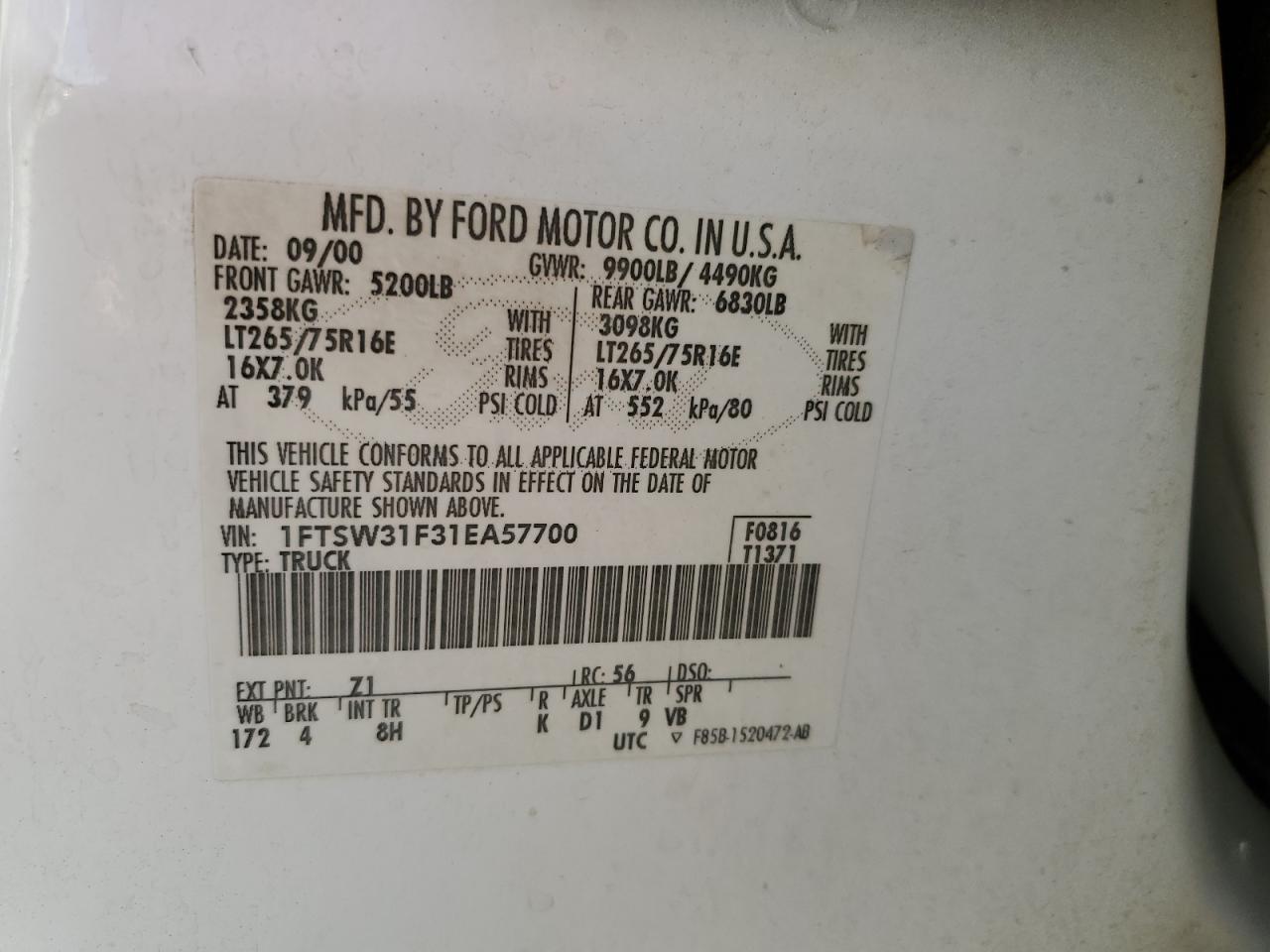 2001 Ford F350 Srw Super Duty VIN: 1FTSW31F31EA57700 Lot: 86174214